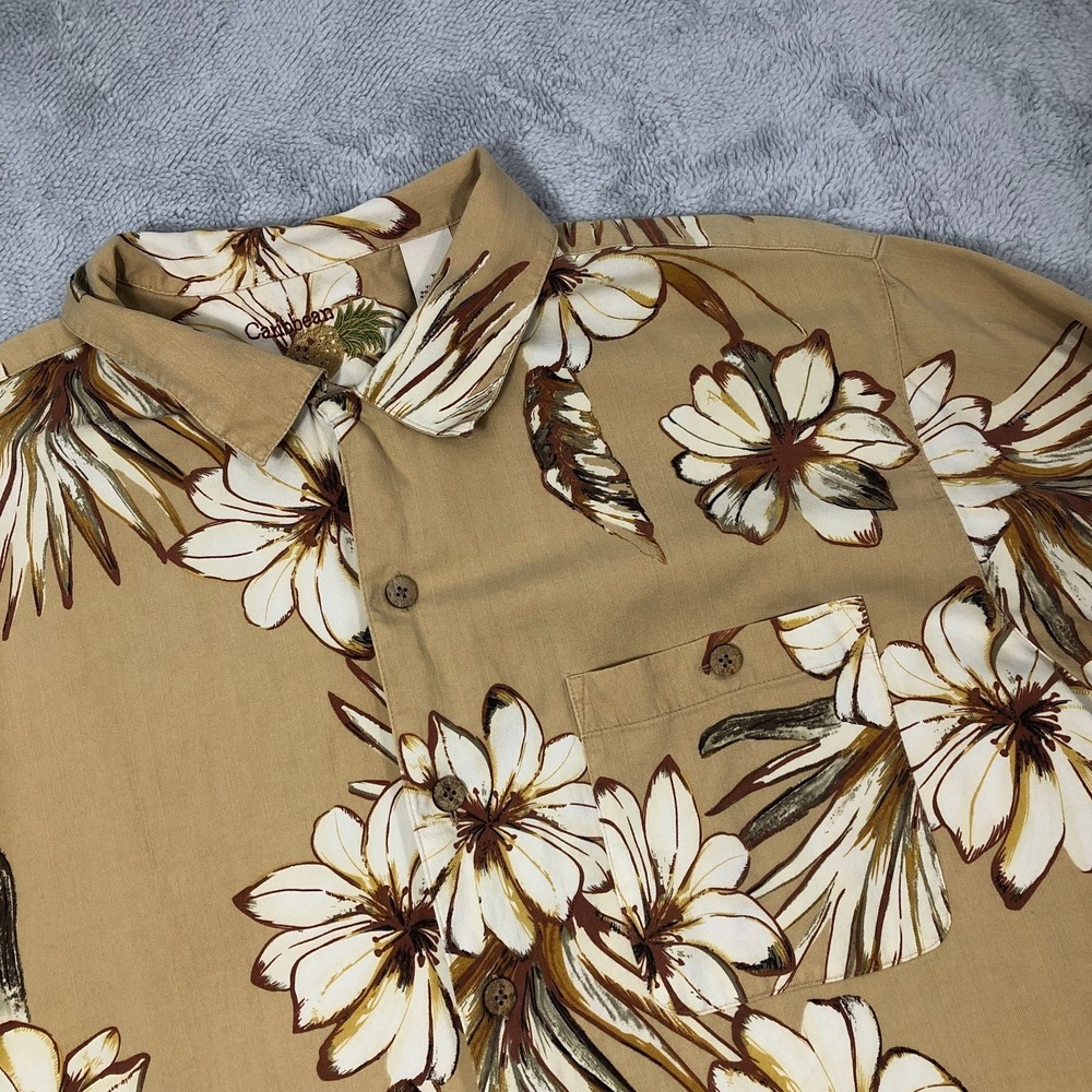 Caribbean Pineapple Shirt Men's XL Brown Floral Silk Blend S/S Beach Cruise